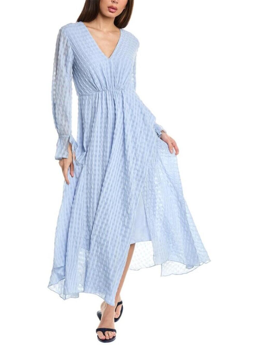 3.1 Phillip Lim Flared Maxi Dress Oxford Blue Long Sleeve Open Back Sz 6